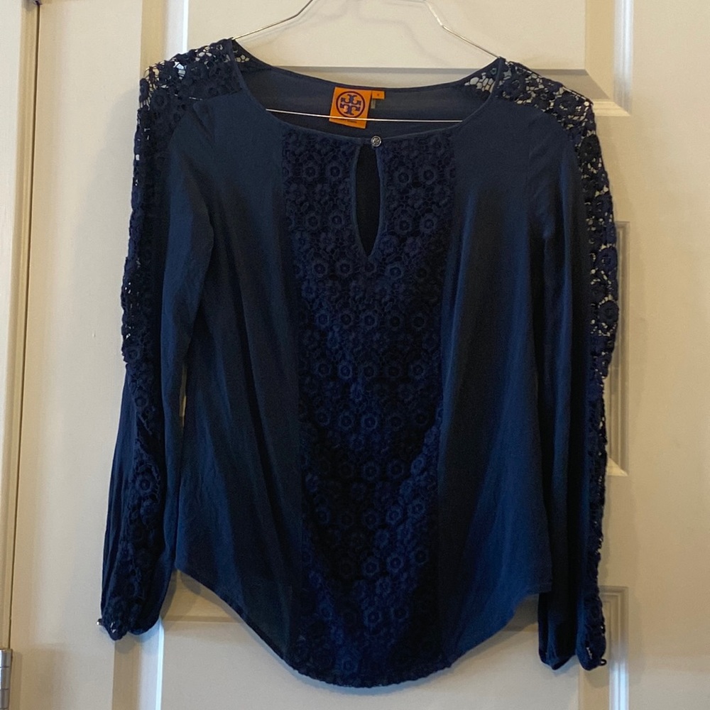 Authentic Tory Burch Long Sleeve Navy Blue Blouse with lace detail - size 4